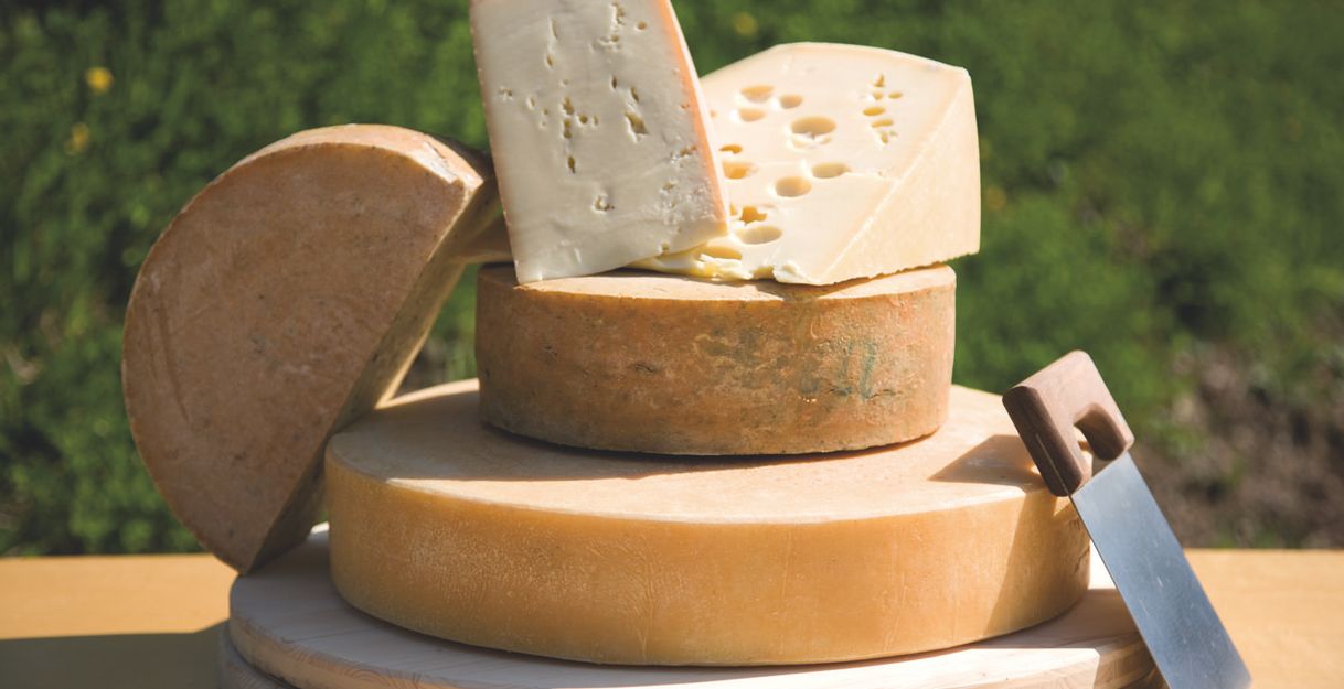 Fünf verschiedene Käsesorten auf Holzbrettern gestapelt, davor ein Käsemesser.