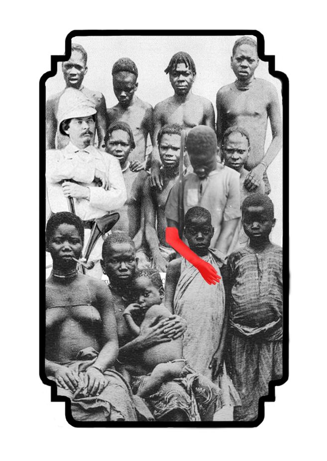 Eine digitale Collageaus historischen Fotografien der Kolonialzeit im Kongo kombiniert mit aktuelleren Fotografien. Ein rot gefärbert Arm als Symbol der Kolonialverbrechen ist zu sehen.